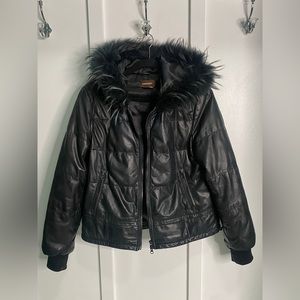 Danier leather jacket with raccoon fur hood and down filling